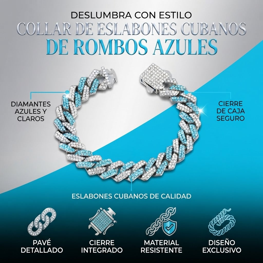 Collar de Cadena de Eslabones Cubanos de Rombos Azules